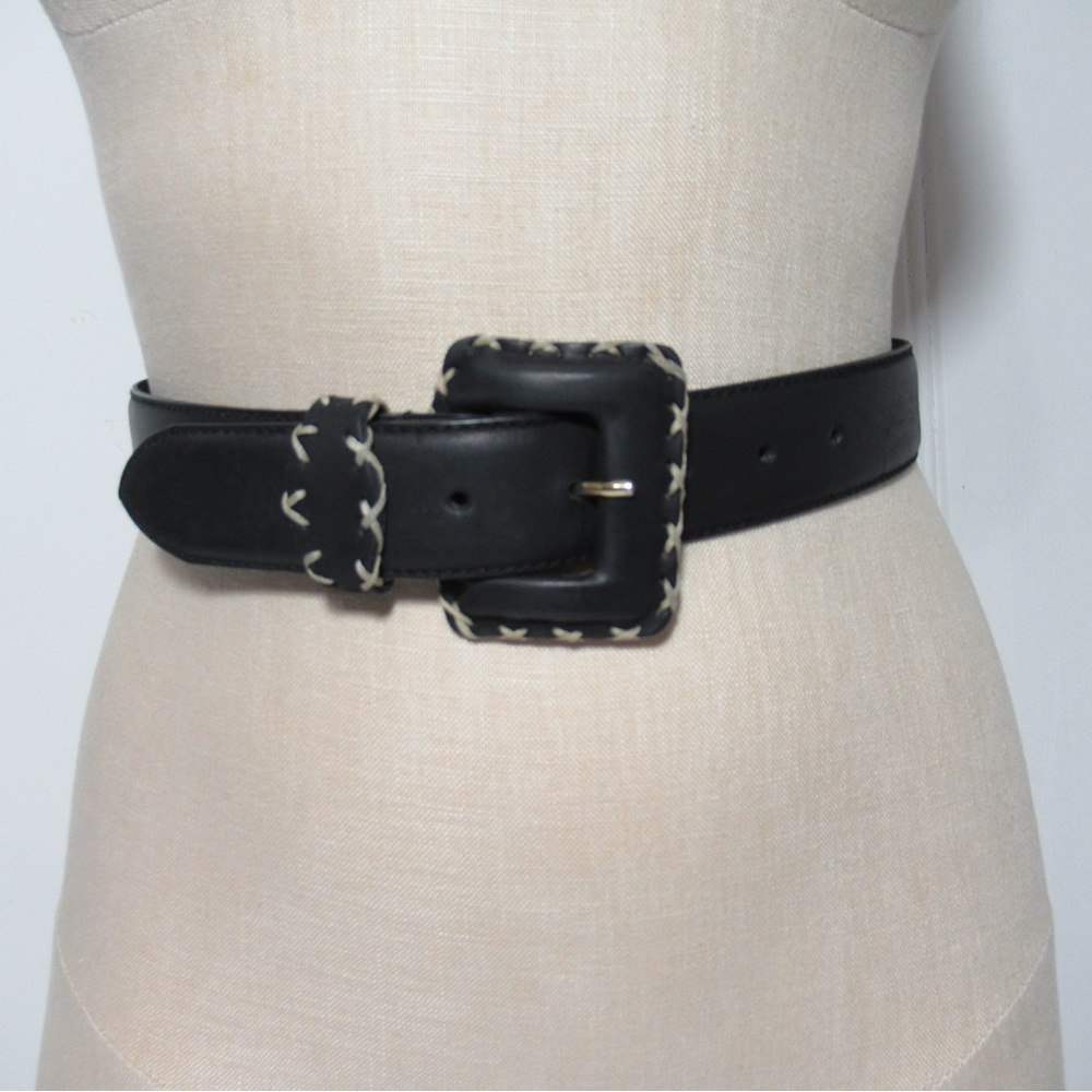 Express Compagnie Internationale Black Leather Belt with Contrast Stitching